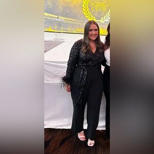 sequined plus size jumpsuit from Eliza J, flaunting feather trim